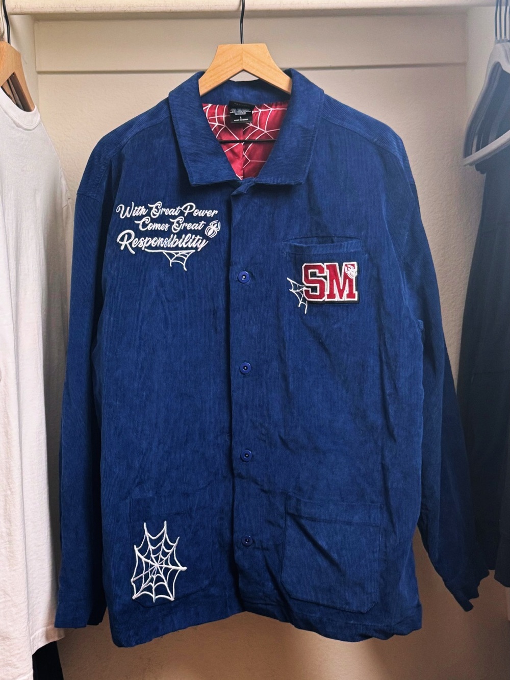 Navy Corduroy Shirt Jacket with Spider-Man Embroidery